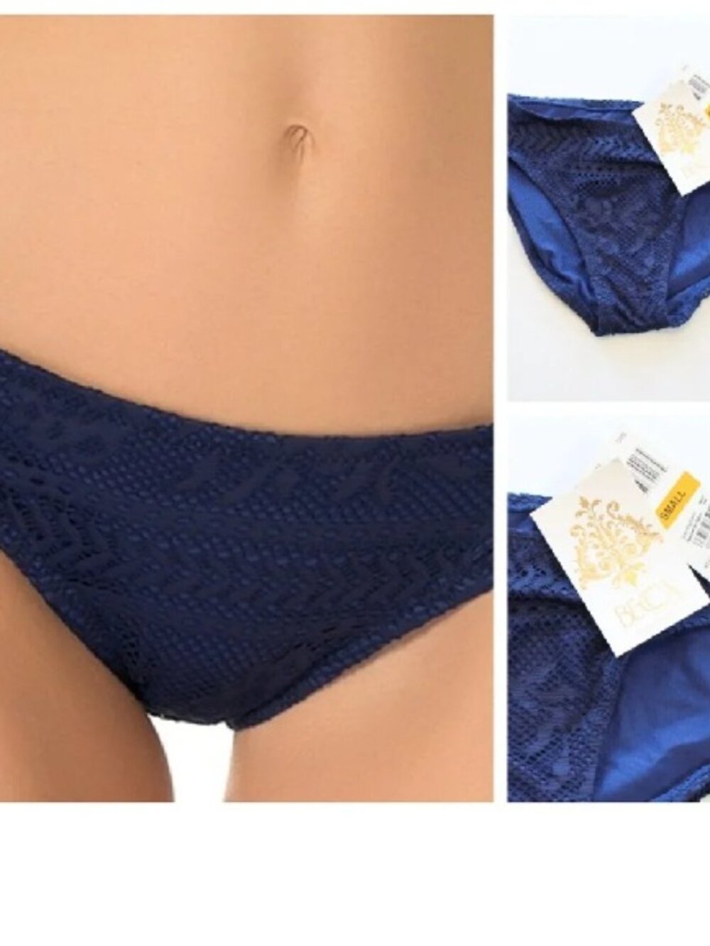 Becca Crochet Lace Swim Bottom Shirred Side Tab Blue Small Swimsuit NWT
